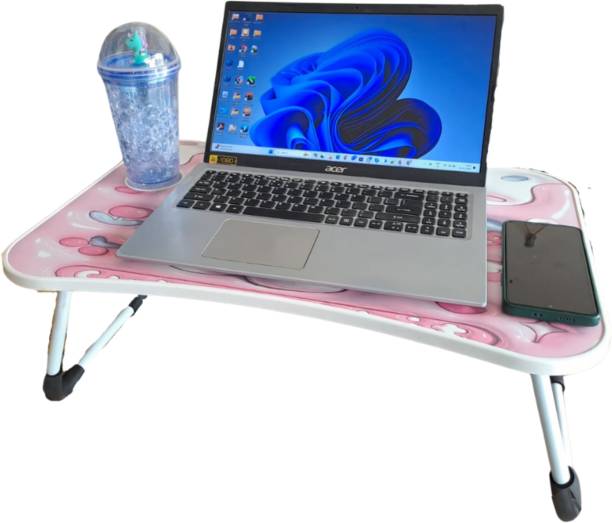 DeskFlex Wooden Foldable Laptop Table With Cup And Tablet Holder, SMILE Design Wood Portable Laptop Table