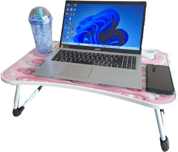 DeskFlex Wooden Foldable Laptop/Study Table With Tab And Cup Holder, SMILE Themed Wood Portable Laptop Table
