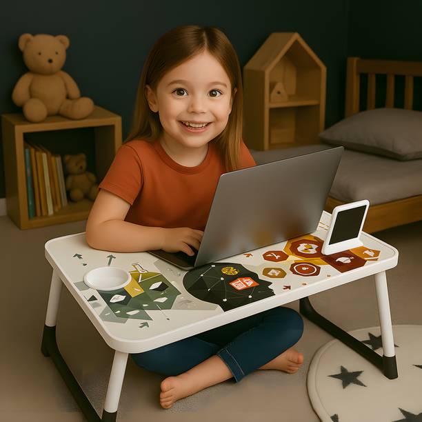 Incline Laptop Table for Kids Study & Office Work | Foldable Design, Sturdy, Cup Holder Wood Portable Laptop Table