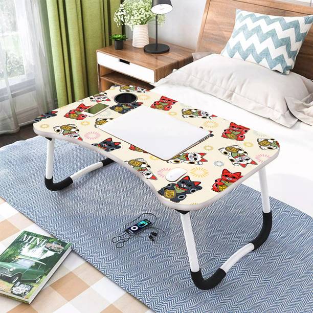 kitchoff Foldable Laptop Table with Cup Holder | Mac Holder | Study Table Rounded Edges Wood Portable Laptop Table