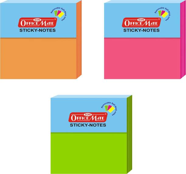 Soni Officemate Sticky Note Pads fluorescent Paper (Size-76x76mm)-(Pack of 3) 100 Sheets Pastel Paper, 3 Colors