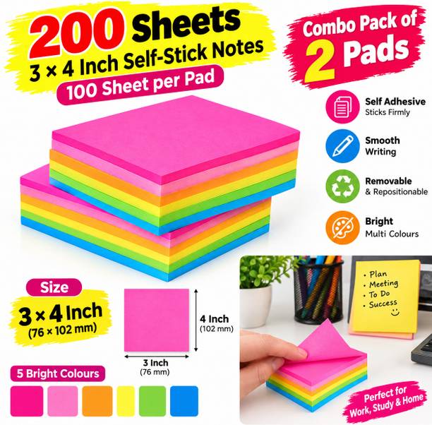 Ancreation Ancreation 200 Sheets 3×4 Inch Sticky Notes Each Pad 100 nos., 5 Colors