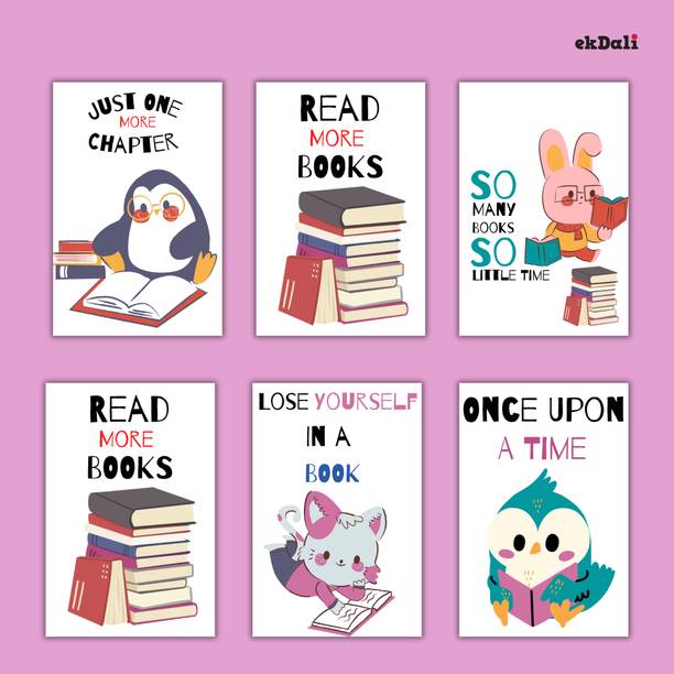 Set of 6 Playful Animal Print Posters for Kids Who Love Books Paper Print