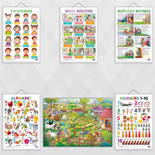 GIANT AT THE FARM COLOURING POSTER, EMOTIONS, DAILY ROUTINE, NURSERY RHYMES, Alphabet and Numbers 1-10 charts| combo of 1 colouring poster and 5 charts |Farmyard Fun and Learning: Giant Coloring Poster, Emotions, Daily Routine, Nursery Rhymes, Alphabet, and Numbers 1-10 Charts Paper Print