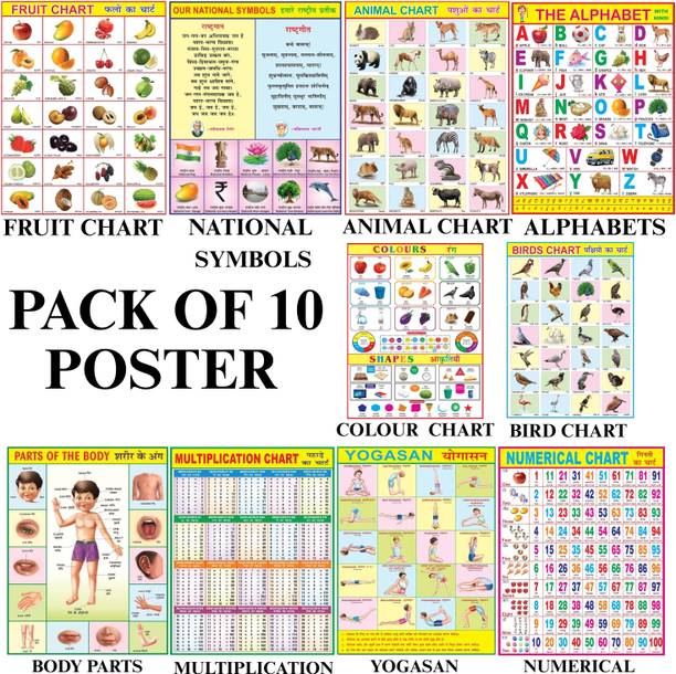 Combo of 10 Chart | Yogasan, Numerical, Animals, Birds, Fruits, Vegetables, English Alphabet, Colours, Shapes, Multiplication & Parts of the Body Chart For Kids | 28x40Inch (70x100cm)| Laminated chart | Waterproof and Non tearable Wall Chart. Paper Print