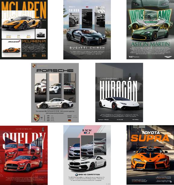 Luxury Supercar Wall Art Collection, 8x12 Inch Posters Set Of 8, Premium 300GSM Paper, Wall Poster Collection for Room Home Decor Photographic Paper