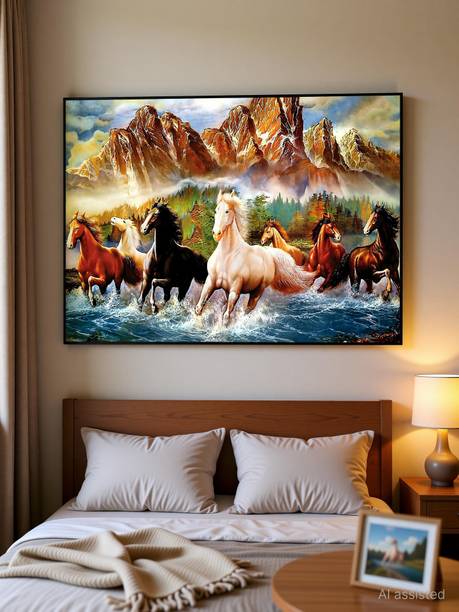 Seven Lucky Running Horses Vastu Wallpapers Vinyl Sticker Poster for Living Room,Bedroom,Office,Kids Room,Hall etc Paper Print