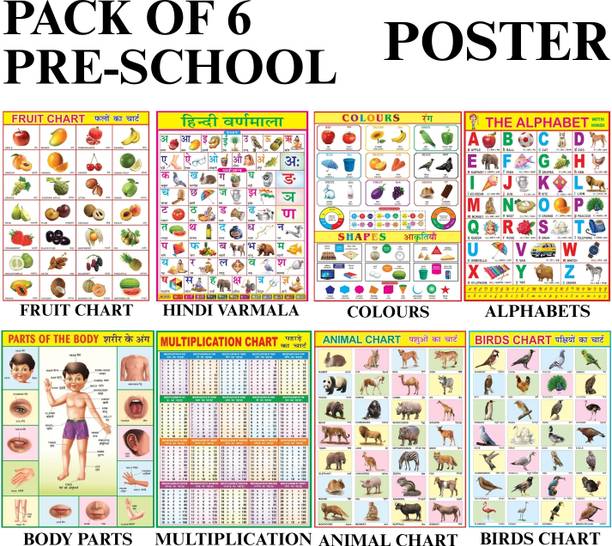 Combo of 8 Chart | Fruits, Birds, Animals, English Alphabet, Hindi Varnmala, Multiplication, Colours, Shapes & Parts of the Body Chart For Kids | 20x30Inch (51x76cm)| Laminated chart | Waterproof and Non tearable Wall Chart. Paper Print. Paper Print