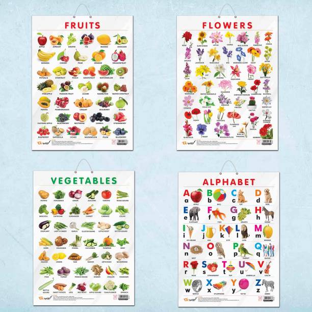ALPHABET CHART GLOSS LAMINATED, FRUITS CHART GLOSS LAMINATED, FLOWERS CHART GLOSS LAMINATED, and VEGETABLE CHART GLOSS LAMINATED | combo of 4 charts |Colorful Learning Symphony Unleashed Paper Print
