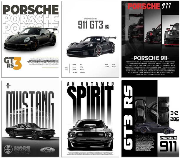 Big Porsche 911 GT3RS Ford Mustang Car Posters Gift Items for Boys Room Wall Decoration Bedroom Living Room Office Studio Décor | Car Poster for Wall Décor Set Of 6 Size (A4 Size Unframed) Paper Print
