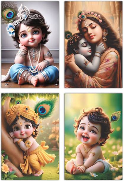 Little Bal Gopal Posters For Pregnant Women | Religious Posters | Krishna Poster | Multicolor Pack of 4 Photographic Paper
