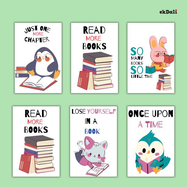 Set of 6 Cute Animal Bookworm Posters for Young Readers Paper Print