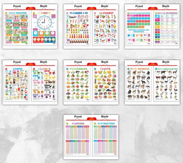 2 IN 1 DAILY ROUTINE AND TIME, 2 IN 1 ALPHABET AND NUMBER 1-10, 2 IN 1 NUMBER & FRACTIONS AND MATHS KEYWORDS, 2 IN 1 COLOURS AND SHAPES , 2 IN 1 FRUITS AND VEGETABLES, 2 IN 1 WILD AND FARM ANIMALS & PETS and 2 IN 1 ADDITION AND SUBTRACTION Chart | Combo of 7 Charts | Learning Fusion: 7-in-1 Educational Charts Paper Print
