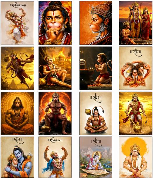 Hanuman Ji Wall Poster Set of 16 | Bajrangbali Spiritual Posters | 4x6 Inch (A6) | Premium 300 GSM Paper | Hindu Devotional Wall Decor for Home, Temple & Office | Unframed Paper Print