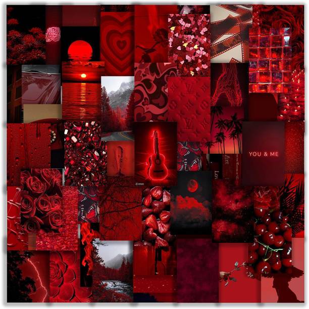 63 Pcs Red Aesthetic Romantic Wall Collage Kit – 4x6 Inch Vintage Wall Posters for Room Decor | Sweet Aesthetic Photo Collage Kit for Bedroom, Dorm & Office | Thick 300 GSM Cardstock Paper Included Fine Art Print