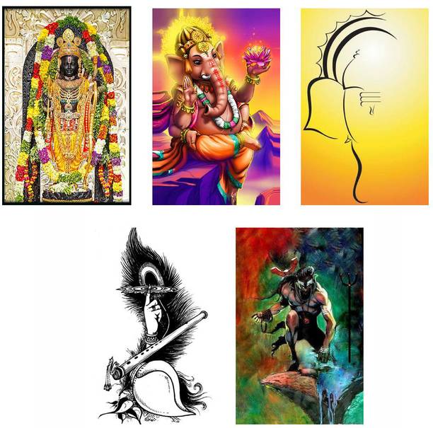 Hindu Religious Posters Combo Pack of 5 - Paper Printed (12 inch X 18 inch each, Rolled) for Home, Room & Office Paper Print