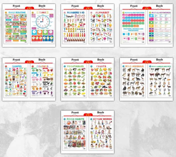 2 IN 1 DAILY ROUTINE AND TIME, 2 IN 1 ALPHABET AND NUMBER 1-10, 2 IN 1 NUMBER & FRACTIONS AND MATHS KEYWORDS, 2 IN 1 COLOURS AND SHAPES, 2 IN 1 FRUITS AND VEGETABLES, 2 IN 1 WILD AND FARM ANIMALS & PETS and 2 IN 1 GOOD HABITS AND ACTION WORDS Chart | Combo of 7 Chart | Dynamic Duo: A 7-Chart Learning Set Paper Print