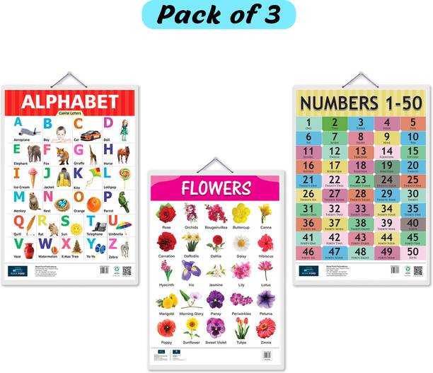 Numbers, Alphabet, Flowers Early Learning Educational Big Chart( Set of 3) for Kids -Non-Tearable and Waterproof, Laminated-Perfect for Preschooler Paper Print