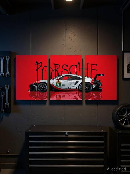Porsche Racing Car 3-Piece Split Poster Set, 300 GSM HD Prints with Adhesive Bac