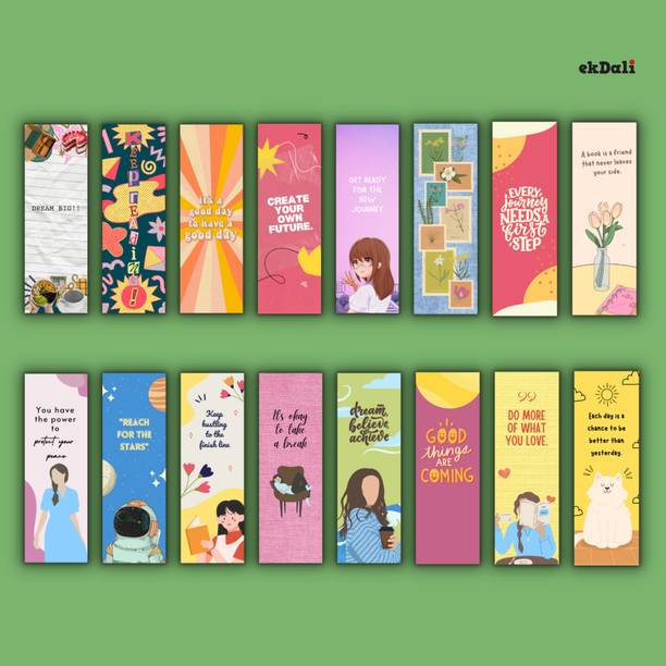16 Unique Bright Design Bookmarks – 2x6 Inches – 350 GSM Thick Paper – Encouraging & Vintage Book Lover Gifts for Women, Men, and Teens Paper Print