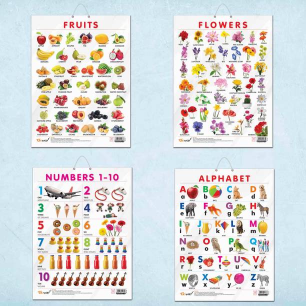 ALPHABET CHART GLOSS LAMINATED, FRUITS CHART GLOSS LAMINATED, FLOWERS CHART GLOSS LAMINATED, and NUMBER 1-10 CHART GLOSS LAMINATED | combo of 4 charts |Whimsical World of Learning Paper Print