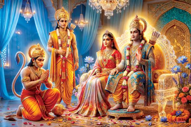 Ram Darbar Self-Adhesive Poster 18x12 Inch – Lord Ram, Sita Mata, Lakshman & Hanuman Divine Hindu Wall Decor Sticker Poster for Home Temple, Puja Room, Living Room & Office. Design-3 Vinyl