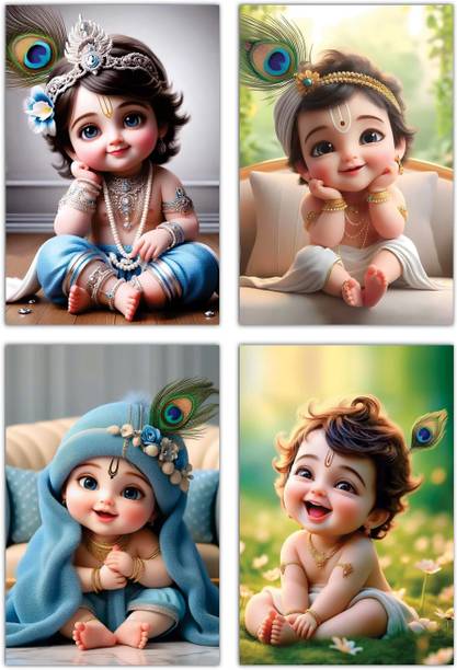 Little Bal Gopal Posters For Pregnant Women | Religious Posters | Krishna Poster | Multicolor Pack of 4 Photographic Paper