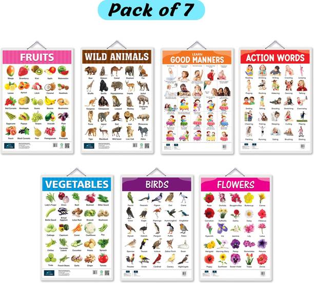 Fruits, Vegetable, Wild Animals, Birds, Flowers, Good Manners and Action Words Early Learning Educational Big Chart( Set of 7) for Kids -Non-Tearable and Waterproof, Laminated-Perfect for Preschooler Paper Print