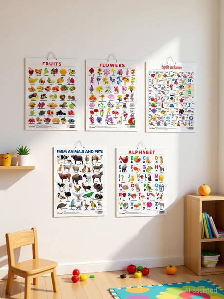 ALPHABET CHART GLOSS LAMINATED, FRUITS CHART GLOSS LAMINATED, FLOWERS CHART GLOSS LAMINATED, FARM ANIMALS AND PETS CHART GLOSS LAMINATED, and HINDI VARNMALA CHART GLOSS LAMINATED | combo of 5 charts |Holistic Kids' Learning Materials Paper Print
