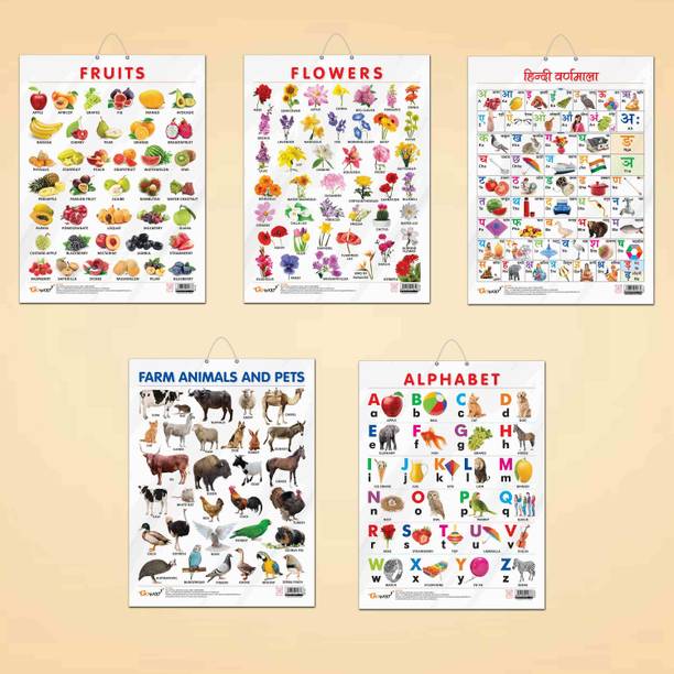 ALPHABET CHART GLOSS LAMINATED, FRUITS CHART GLOSS LAMINATED, FLOWERS CHART GLOSS LAMINATED, FARM ANIMALS AND PETS CHART GLOSS LAMINATED, and HINDI VARNMALA CHART GLOSS LAMINATED | combo of 5 charts |Holistic Kids' Learning Materials Paper Print