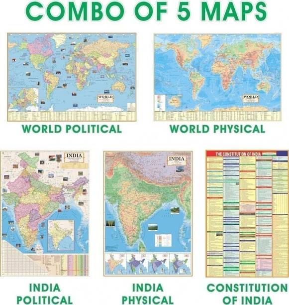 (COMBO OF ENGLISH 5 MAPS) INDIAN Constitution Chart With India & World Map (Both Political & Physical)| Set Of 5| Map Size (48 * 28) (23 * 36)|Paper Mint| Best Useful for UPSC, SSC, IES and other competitive Exams. Paper Print (28 inch X 40 inch) Paper Print