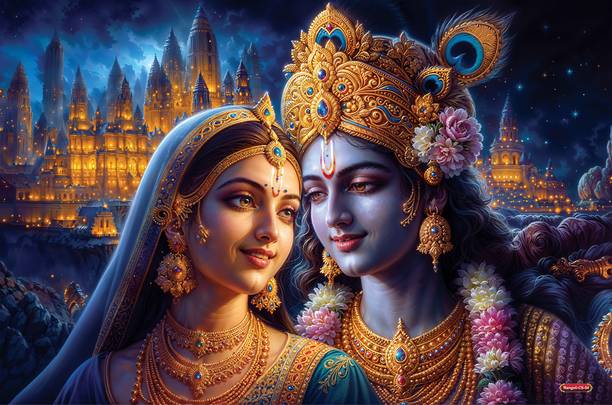 Radha Krishna Royal Palace Night Wall Art Self Adhesive 18x12 Poster | Divine Hindu God Spiritual Poster for Living Room Bedroom Temple Home Décor Vinyl