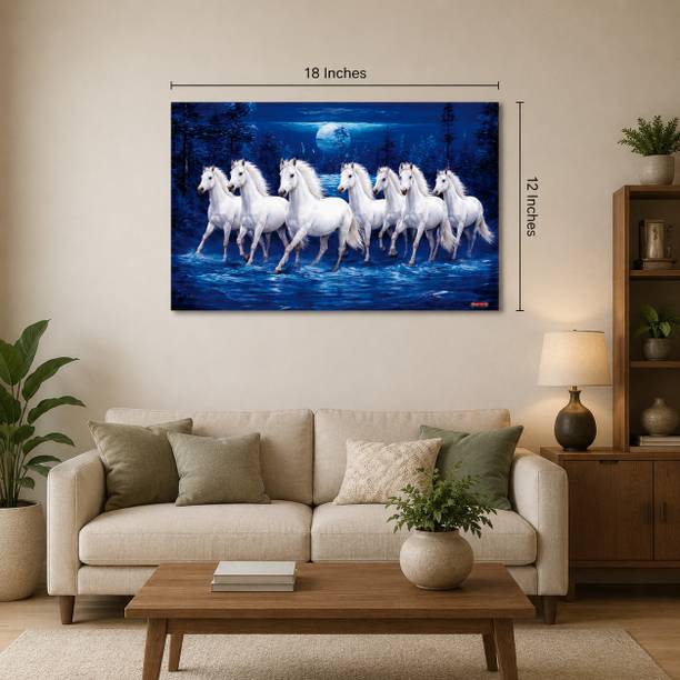 White Horse Poster 18x12 Inch Self-Adhesive for Wall Decoration | Running 7 Horses Wall Art Print for Living Room Bedroom Office Décor | Vastu Horse Spiritual Wall Painting Vinyl