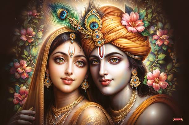Radha Krishna Floral Divine Portrait Wall Art Self Adhesive 18x12 Poster | Hindu God Spiritual Poster for Living Room Bedroom Temple Office | Religious Home Decor Gift Vinyl