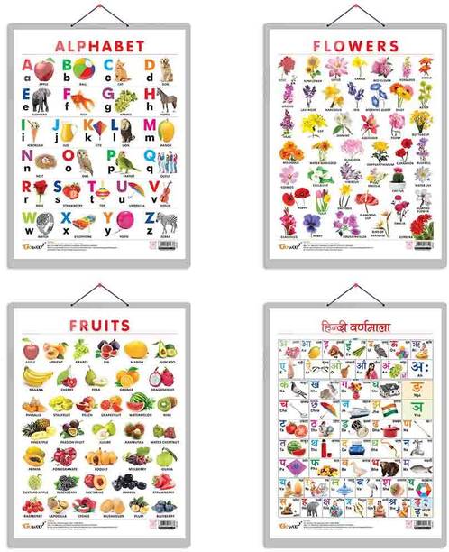 ALPHABET CHART HARD LAMINATED, FRUITS CHART HARD LAMINATED, FLOWERS CHART HARD LAMINATED, and HINDI VARNMALA CHART HARD LAMINATED | combo 4 charts | Vibrant Literacy and Nature Exploration Paper Print