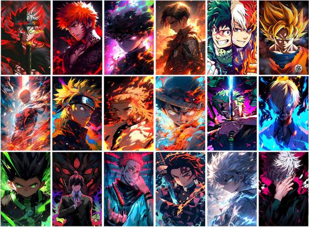 Anime Universe pack of 18 Anime Aesthetic Wall Collage Kit Posters Featuring Naruto, One Piece, Jujutsu Kaisen, Demon Slayer, Chainsaw, and More Paper Print