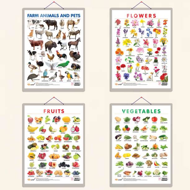 FRUITS CHART HARD LAMINATED, FLOWERS CHART HARD LAMINATED, FARM ANIMALS AND PETS CHART HARD LAMINATED, and VEGETABLE CHART HARD LAMINATED | combo of 4 charts | Nature's Harvest Learning Set Paper Print