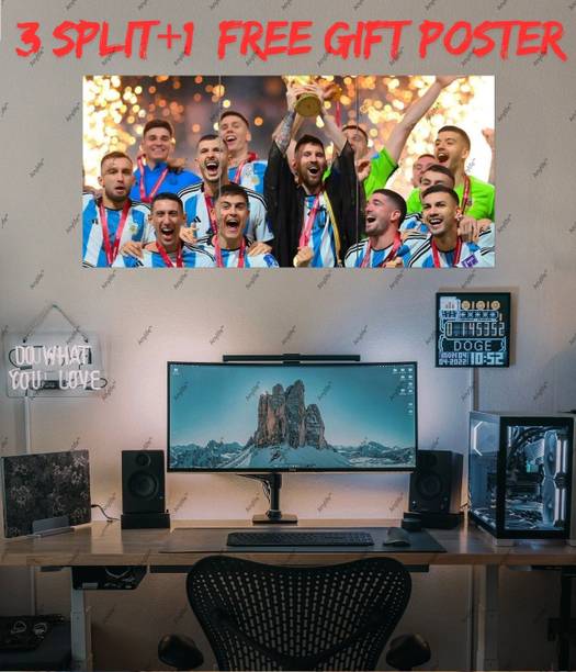 Lionel Messi Argentina World Cup Trophy Celebration 3 Piece Split Poster Set with Free Gift Photographic Paper