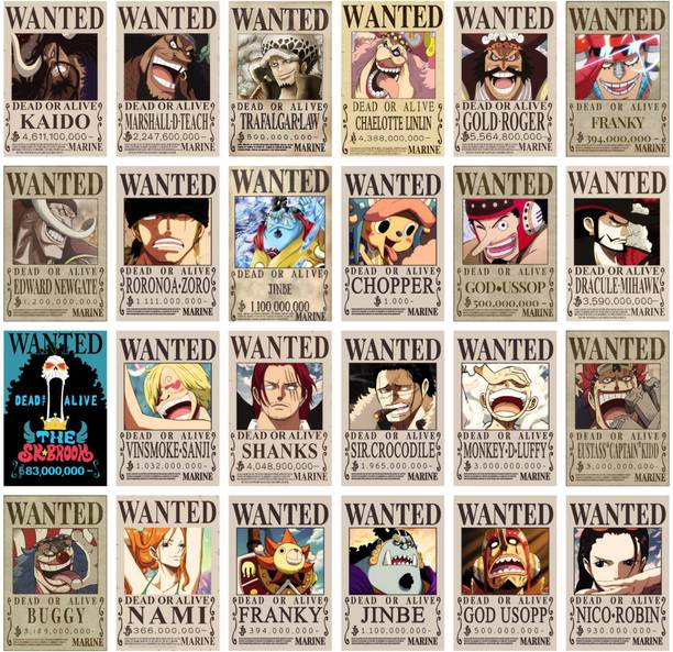 Pack of 24 Wanted Anime One Piece Wanted Aesthetic Collage Kit– Featuring Straw Hat Pirates (Luffy, Zoro, Nami, Usopp, Sanji, Chopper, Robin, Franky, Brook, Jinbe) Paper Print
