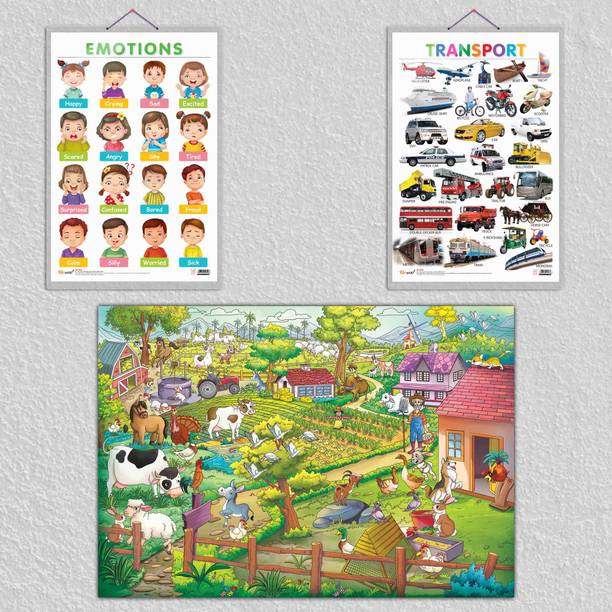 GIANT AT THE FARM COLOURING POSTER, Transport and EMOTIONS|set of 1 colouring poster and 2 hard laminated charts|Giant Farm Coloring with Vehicles and Emotions Paper Print