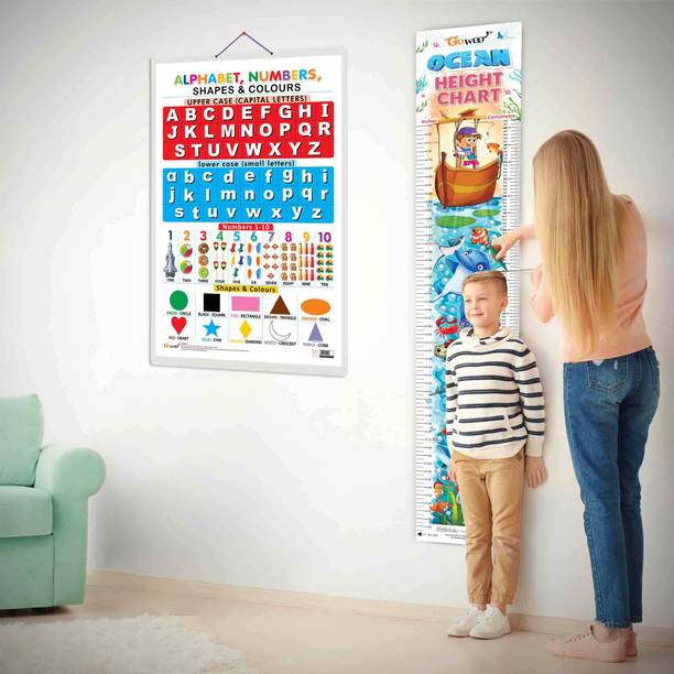 Alphabet, Numbers, Shapes & Colours and OCEAN HEIGHT CHART | Set of 2 chart | Engaging Combo of Alphabet, Numbers, Shapes & Colors + Ocean Height Chart Paper Print