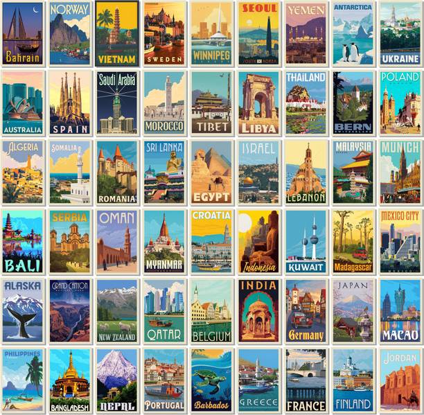 Vintage Travel Country Poster Set - 54 PCS, 4 x 6 cm Retro Global Tourism Wall Decor for Bedroom, Dorm Rooms, Travel Corners and Aesthetic Collage Walls Paper Print