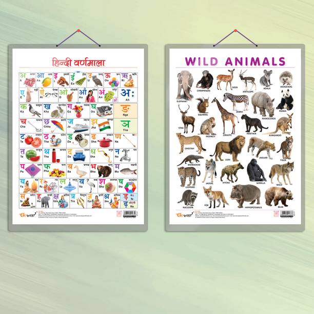 HINDI VARNMALA CHART HARD LAMINATED and WILD ANIMALS CHART HARD LAMINATED | combo of 2 charts | Language and Wildlife Learning Duo Paper Print