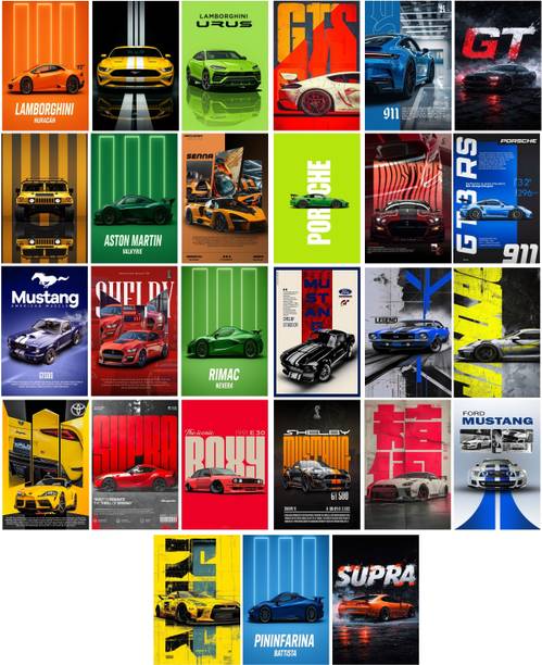 Pack of 27 Car Art Print Mini Posters Wall Posters Wall Collage Kit Posters | Posters for Wall Decoration | Wall Art For Bedroom, Office, Living room, Dorm room (6 inch X 4 inch, Box) Paper Print