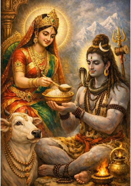 Mata Annapurna A4 HD Glossy Wall Sticker | Annapurna Devi Feeding Mahadev | Spiritual Kitchen & Pooja Room Wall Decor | Waterproof Vinyl Mandir Poster Vinyl