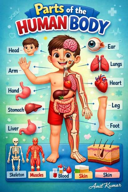 Parts of the Human Body Educational Wall Chart Poster for Kids - Early Learning Anatomy and Science Chart for Pre-School, Nursery, and Kids Study Room - Multicolor Paper Print Paper Print