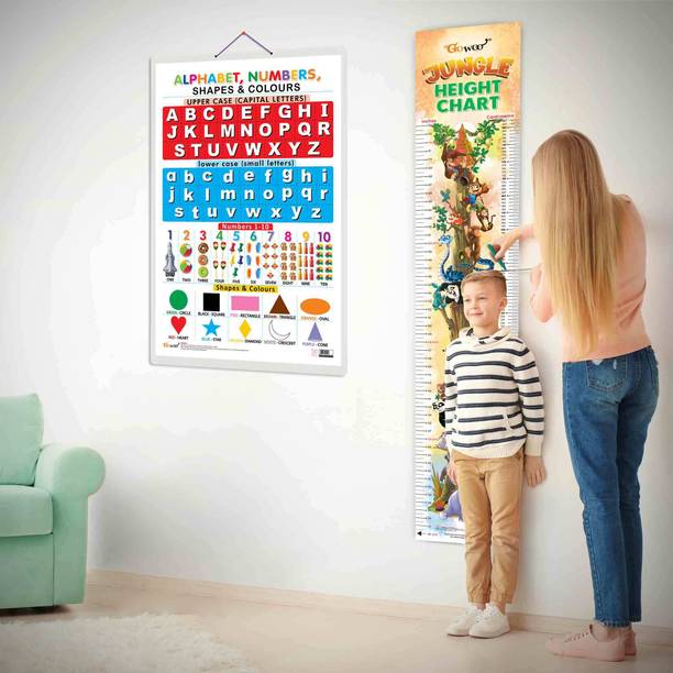 Alphabet, Numbers, Shapes & Colours and JUNGLE HEIGHT CHART | Set of 2 chart | Kids Combo Pack of Alphabet, Numbers, Shapes & Colors + Jungle Height Chart Paper Print