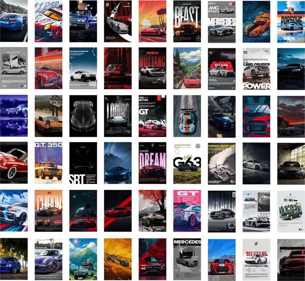 Cars Poster Pack of 54 | 4x6 Inch Mini Posters | Sports Car, Vintage Car, Supercar & Classic Car Wall Decor | Aesthetic Room Decoration Paper Print