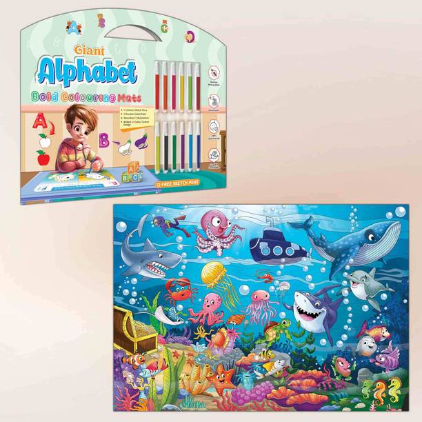 GIANT ALPHABET BOLD COLOURING MATS and GIANT UNDER THE OCEAN COLOURING POSTER | Combo of 1 bold colouring mat with pen and 1 colouring poster | Ocean Alphabet Coloring Duo Paper Print