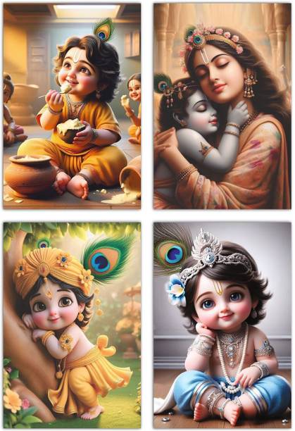 Little Bal Gopal Posters For Pregnant Women | Religious Posters | Krishna Poster | Multicolor Pack of 4 Photographic Paper